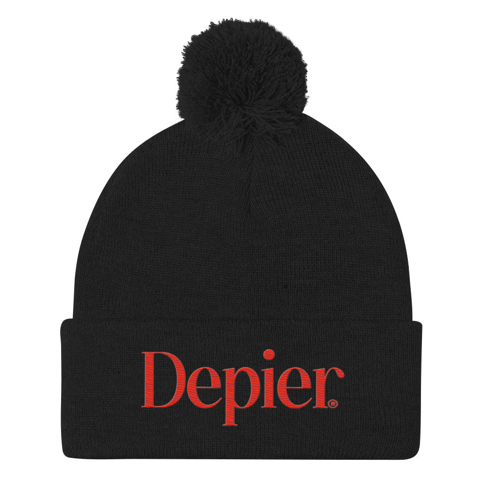 Depier Embroidered Red Pom-Pom Beanie