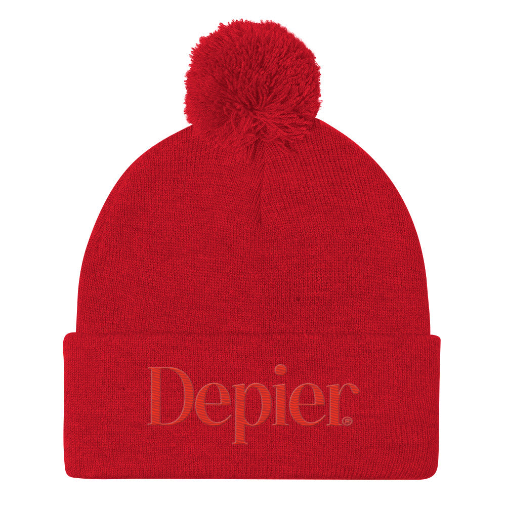 Depier Embroidered Red Pom-Pom Beanie